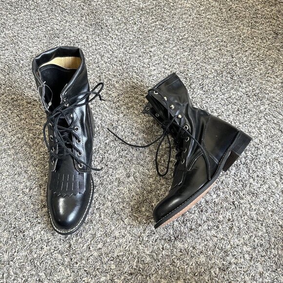 Vintage TEXAS ALL AMERICAN Made Kiltie Roper Boots Black Leather Womens 6 New - Picture 1 of 7
